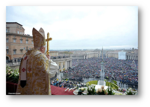 Pope Benedict XVI on balcony with Crozier and the faithful during his pontificate